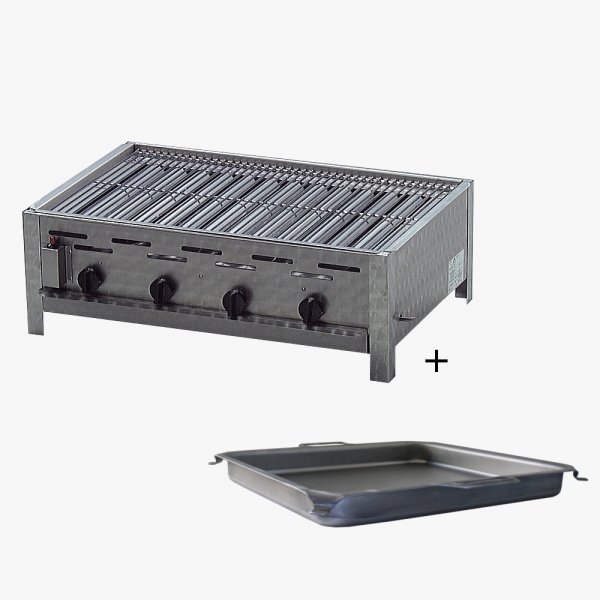 Gastrobräter, Gasgrill Edelstahl 4 flammig mit Rost und Pfanne, 81 x 53 x 27 cm