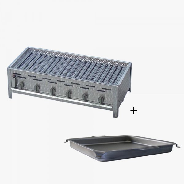 Gasgrill Edelstahl 6 flammig mit Rost und Pfanne H: 6 cm, 114 x 53 x 27 cm, Partygrill