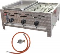 Gasgrill Edelstahl 3 flammig mit 1/2 Stahlpfanne und 1/2 Grillrost