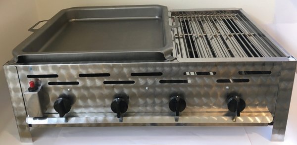 Gastrobräter, Gasgrill Edelstahl 4 flammig mit 1er Rost und 2er Pfanne, 81 x 53 x 27 cm
