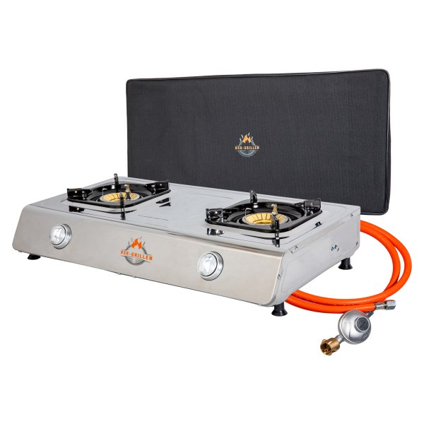 BSR-Grillen Edelstahl-Propangaskocher 2-flammig mit Piezo-Zündung und Turboeffekt
