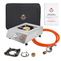 BSR-Grillen Edelstahl-Propangaskocher 1-flammig mit Piezo-Zündung und Turboeffekt mit Abdeckhaube