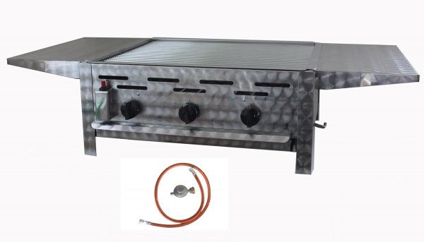 Gasgrill Edelstahl 3 flammig 13 KW mit Edelstahl-Rost mit Seitenablagen, 115 x 53 x 27 cm